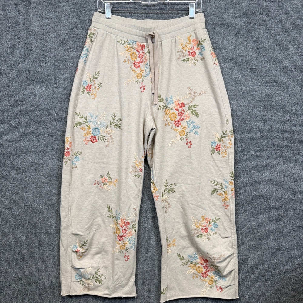 Driftwood Size 1X Pants Tan Embroidered French Terry Gathered Floral Drawstring